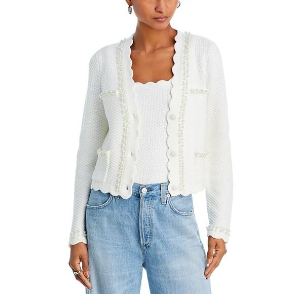 AQUA BLOOMINGDALES FAUX PEARL EMBELLISHED CARDIGAN - Picture 1 of 8